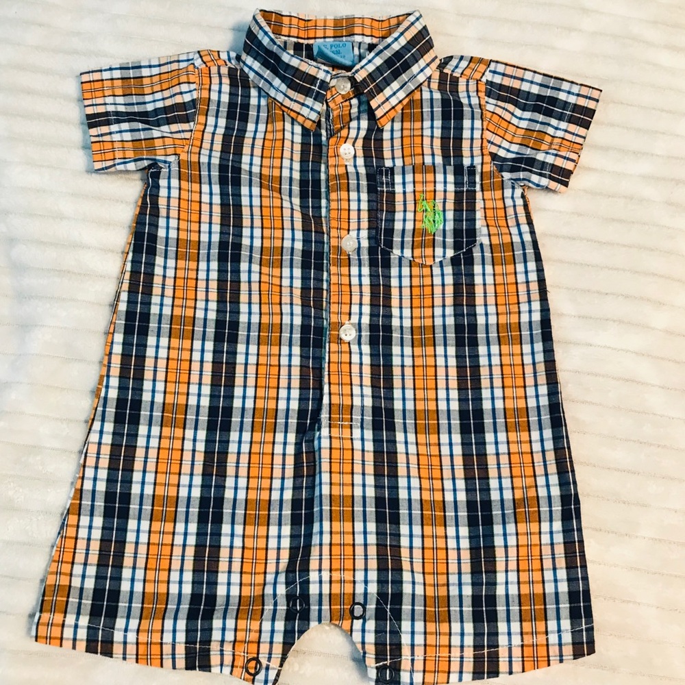 5/$20 Polo Romper blue orange plaid 3-6 month